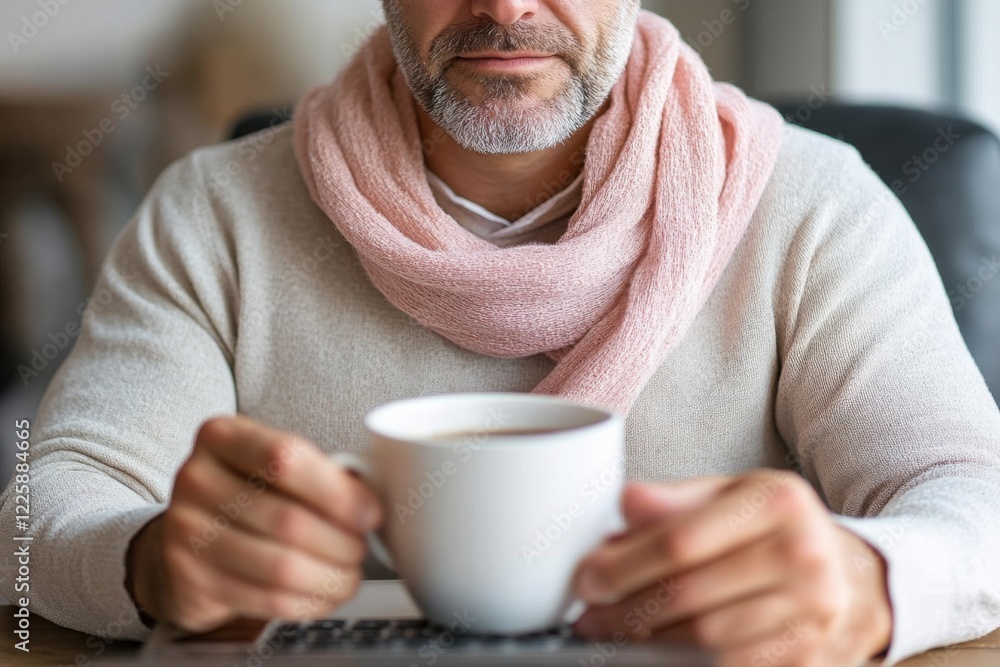Man is holding a cup of coffee and wearing a pink scarf. Concept of warmth and comfort, as the man is enjoying a hot beverage on a chilly day. The scarf adds a touch of color Man is holding a cup of coffee and wearing a pink scarf. Concept of warmth and comfort, as the man is enjoying a hot beverage on a chilly day. The scarf adds a touch of color
