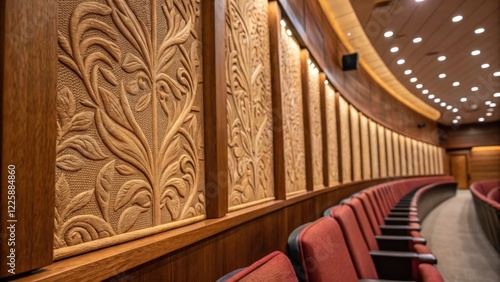 A closeup of richly textured wall finishes that complement the auditoriums aesthetic combining materials like wood and fabric for enhanced acoustical properties.