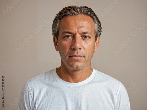 Retrato de un hombre de piel blanca con cabello corto de pie en el interior de una habitación vistiendo una camiseta blanca casual 