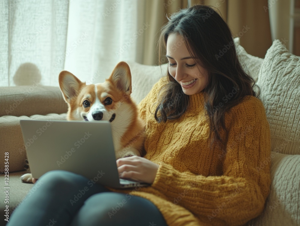 Woman with Dog and Laptop Woman with Dog and Laptop