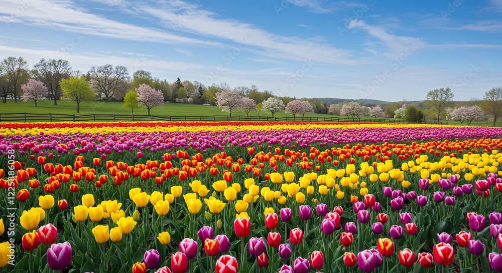 Vibrant Tulip Field Landscape Spring Flowers Blooming Vibrant Tulip Field Landscape Spring Flowers Blooming