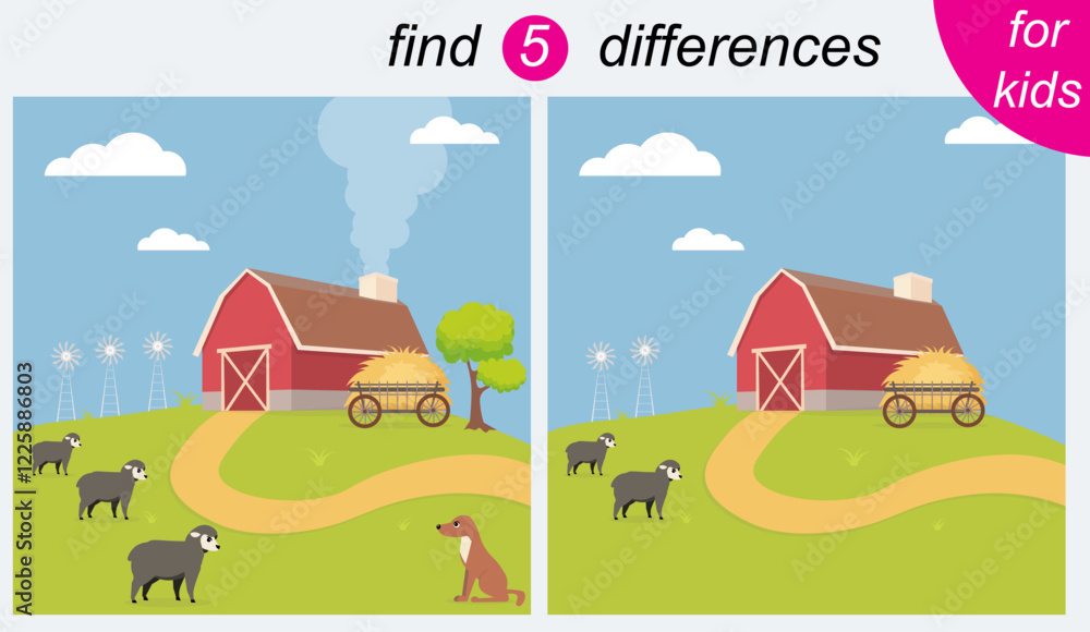 Obraz premium Logic puzzle game for kids. You need to find 5 differences. Farm. Sheep and dog.