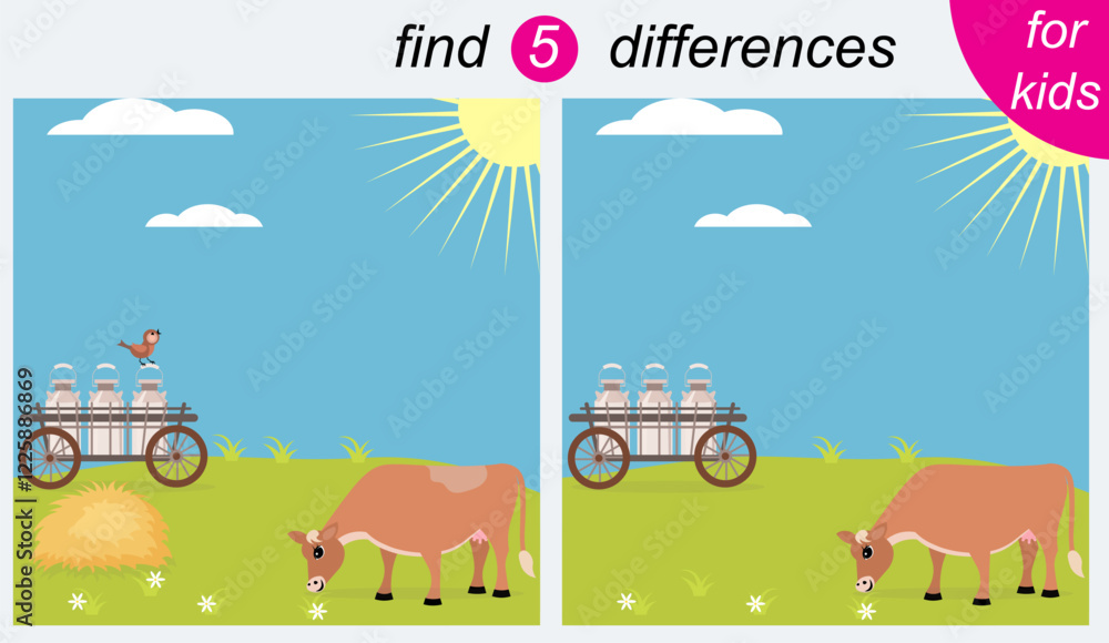 Logic puzzle game for kids. You need to find 5 differences. Farm. The cow is grazing in the meadow. Logic puzzle game for kids. You need to find 5 differences. Farm. The cow is grazing in the meadow.