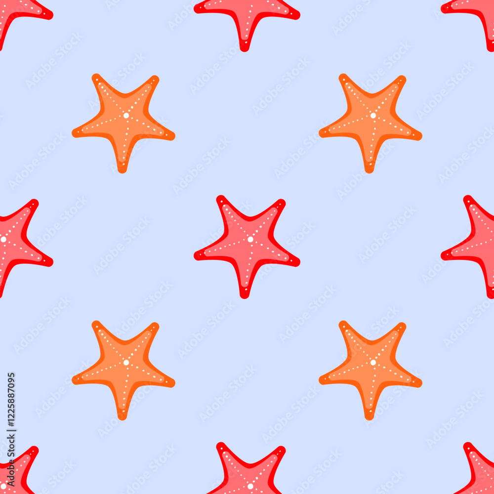 Seamless pattern with starfish in shades of red and orange on a light blue background. A perfect summer-inspired marine design for fabrics, wallpapers, packaging, and beach-themed projects. Seamless pattern with starfish in shades of red and orange on a light blue background. A perfect summer-inspired marine design for fabrics, wallpapers, packaging, and beach-themed projects.