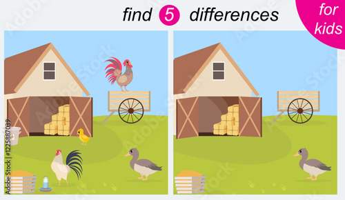 Logic puzzle game for kids. You need to find 5 differences. Farm. Rooster, hen and duck.