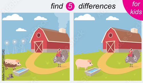  Logic puzzle game for kids. You need to find 5 differences. Farm. Pig, turkey and mouse.