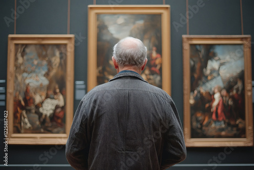 An elderly man seen from behind in a museum, looking at classical art