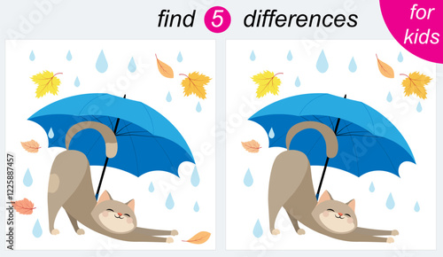 Logic puzzle game for kids. You need to find 5 differences. Autumn. A cat stretches sweetly under an umbrella in the rain.