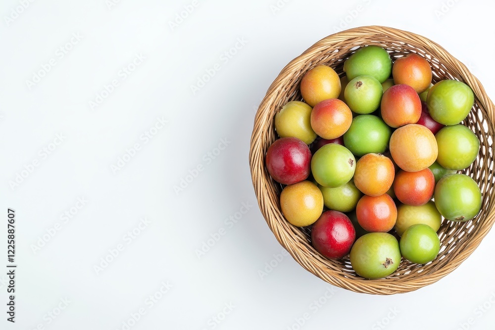 Wicker basket with jujube on a white background Bird s eye view space for text Wicker basket with jujube on a white background Bird s eye view space for text
