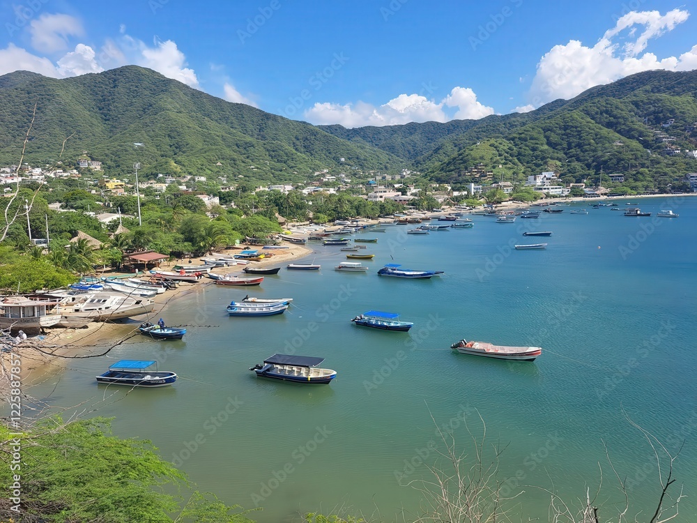 Blue boats dot the lake and bay, offering a picturesque summer view of the tranquil water and surrounding mountains Blue boats dot the lake and bay, offering a picturesque summer view of the tranquil water and surrounding mountains