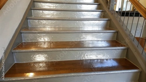 A medium closeup of a freshly coated stair tread highlighting the glistening surface that reflects light while demonstrating the contrast between the antislip finish and photo