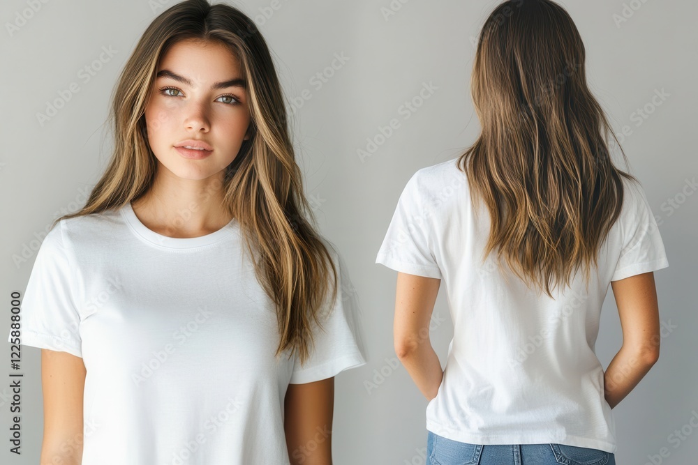 Woman in white tee on light gray backdrop photo collage Front and back angles Woman in white tee on light gray backdrop photo collage Front and back angles