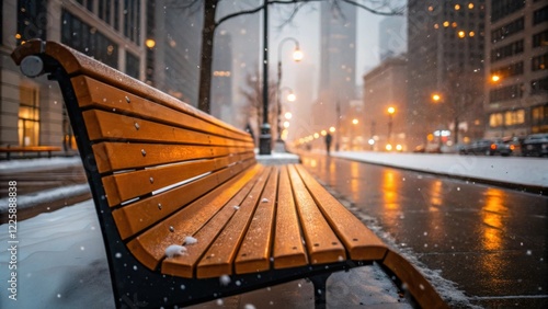 A medium closeup of a newly installed heated bench against a backdrop of urban scenery with the first snowflakes beginning to fall suggesting seasonal relevance and comfort. photo