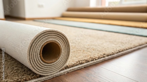 A medium closeup of a roll of ecofriendly adhesive emphasizing its low VOC characteristics as it sits alongside the freshly laid carpet sections. photo