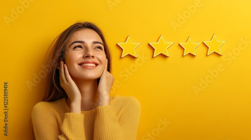 Hand touching and giving five yellow stars indicates the highest level of customer satisfaction and evaluation for a high-quality product and service. photo