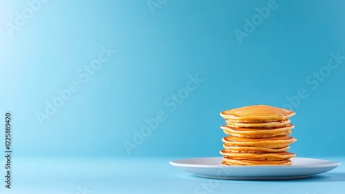 Stack of golden pancakes on white plate against blue background photo