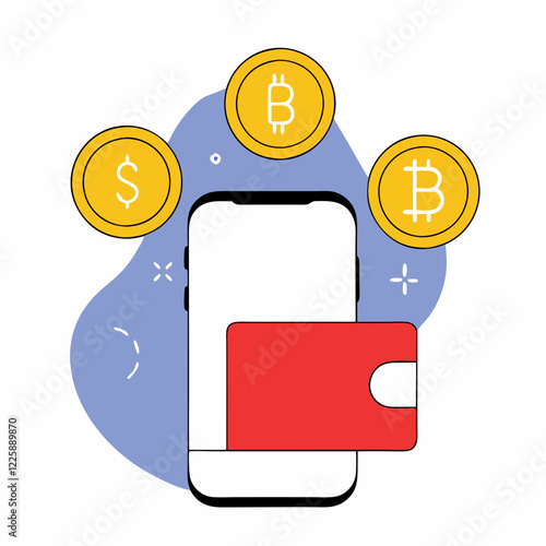 Smartphone with credit card and floating Bitcoin coins on purple background. Minimalist vector illustration showing digital payment integration. Concept of cryptocurrency, digital banking, fintech.