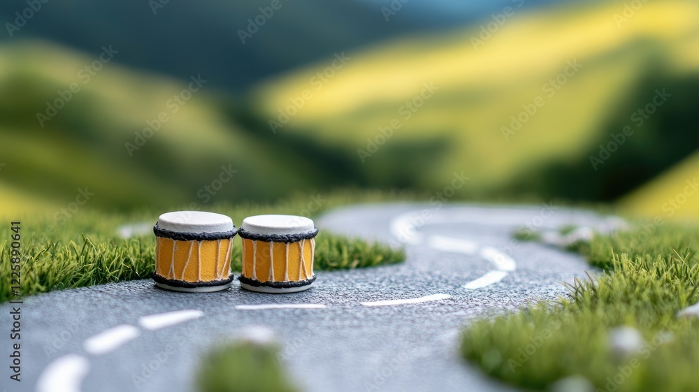 Miniature conga drums on winding road in lush landscape Miniature conga drums on winding road in lush landscape