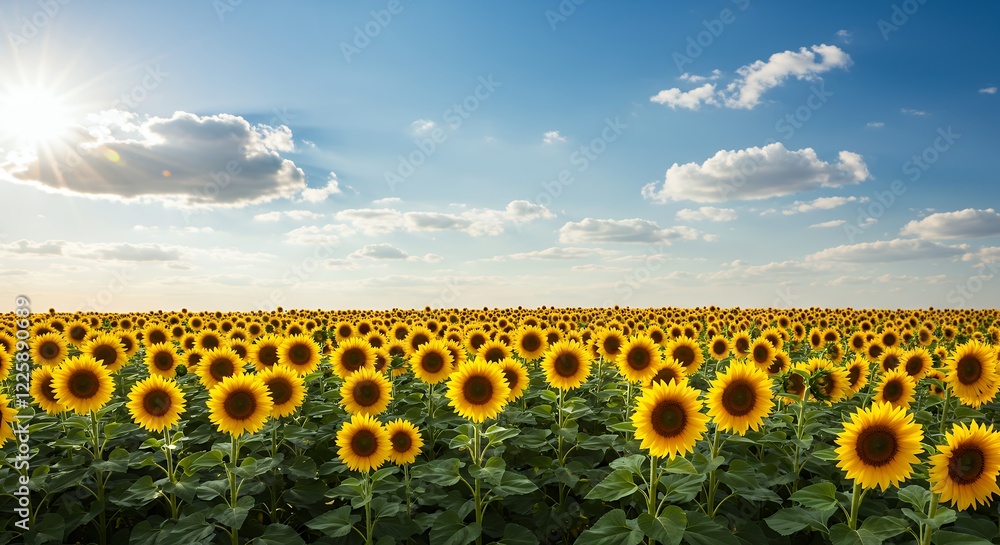 Fototapeta premium Sunflowers Field Landscape Under Sunny Sky