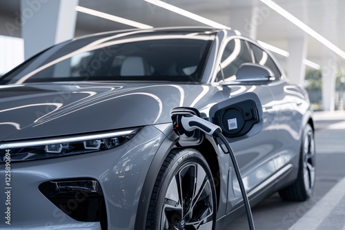 Electric Car Charging at Modern Station. Close-up of an electric car being charged at a modern charging station, highlighting the plug and charging port.