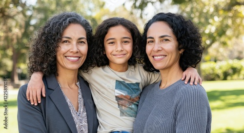 Family connection outdoors with smiling hispanic adult females and child in park setting