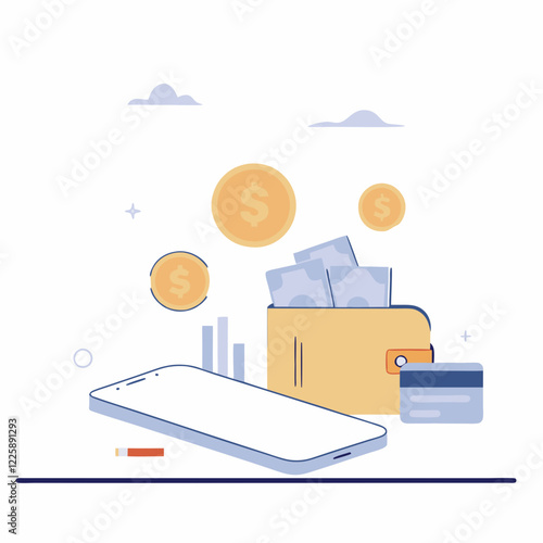 Smartphone beside wallet overflowing with cash, credit card, and growth chart. Minimalist style with muted colors. Concept of: wealth management, financial planning, investment banking.