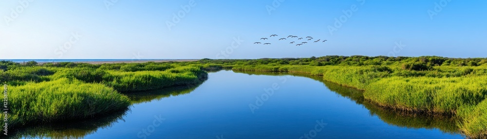 A serene landscape featuring lush greenery, a calm river, and birds in flight against a clear blue sky, showcasing nature's beauty. A serene landscape featuring lush greenery, a calm river, and birds in flight against a clear blue sky, showcasing nature's beauty.