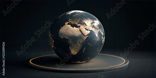 Technological globe visualization with golden lighting. Dark stylized Earth model centered on Africa region. Concept of global connectivity, international business, digital transformation.