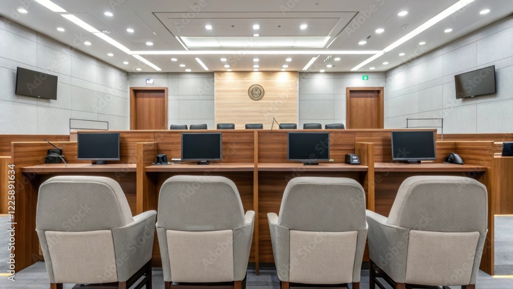 Fototapeta premium A modern jury box featuring soft cushioned seating and individual workstations enhancing the jurors experience during trials.