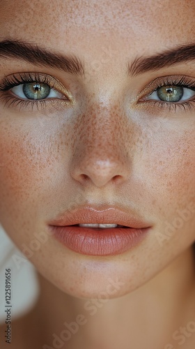 Close-up portrait of a young woman with freckles and green eyes.