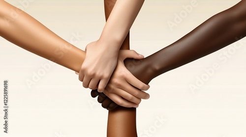 Diverse hands clasped together, symbolizing unity and teamwork.