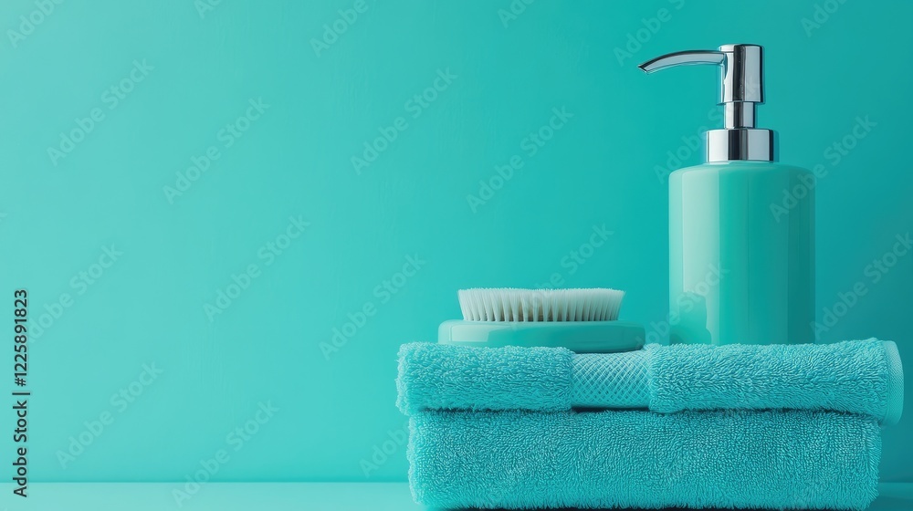 Minimalist composition featuring turquoise soap dispensers resting on stacked towels, set against a matching turquoise background, evoking a sense of cleanliness and freshness Minimalist composition featuring turquoise soap dispensers resting on stacked towels, set against a matching turquoise background, evoking a sense of cleanliness and freshness