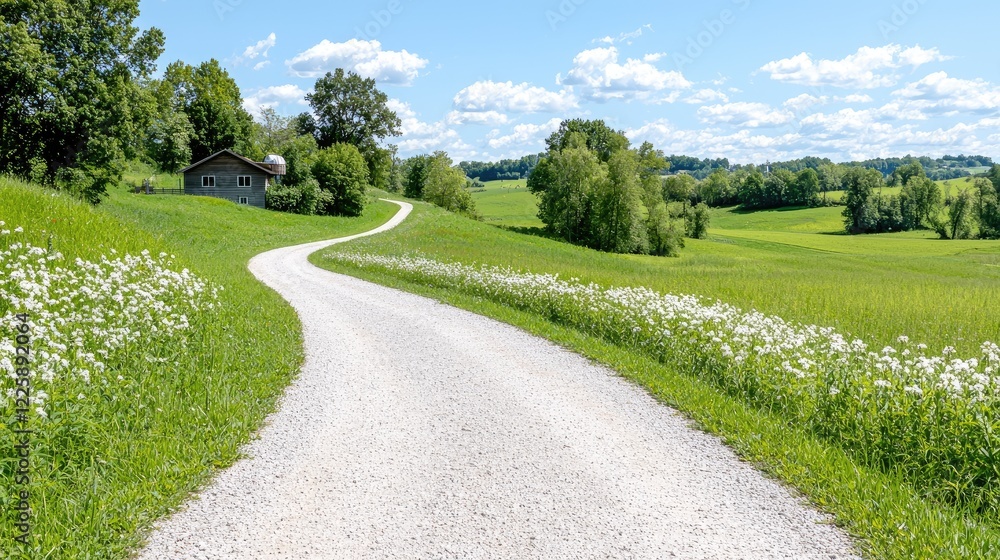 Winding country road, green hills, wildflowers, sunny day, idyllic rural scene; perfect for travel brochures Winding country road, green hills, wildflowers, sunny day, idyllic rural scene; perfect for travel brochures