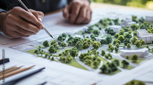 Wallpaper Mural Architect sketching an aerial view of a landscape design, meticulously working on a detailed model with green spaces, parks, trees, and garden planning for urban development. Torontodigital.ca
