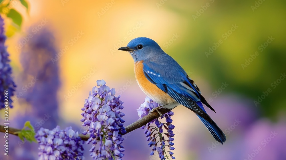 Obraz premium A vibrant bluebird perched gracefully on blooming purple flowers against a soft, colorful background, capturing nature's beauty.
