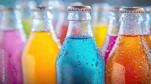 Lots of bottles of cold fruit water, tea or sodas with large drops of condensation on them. A refreshing drink photo