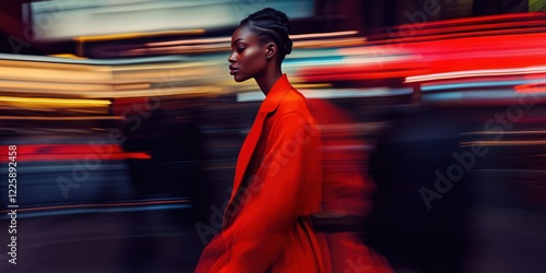 Elegant African American Woman in Red Coat Walking Through Vibrant Cityscape with Motion Blur and Neon Lights