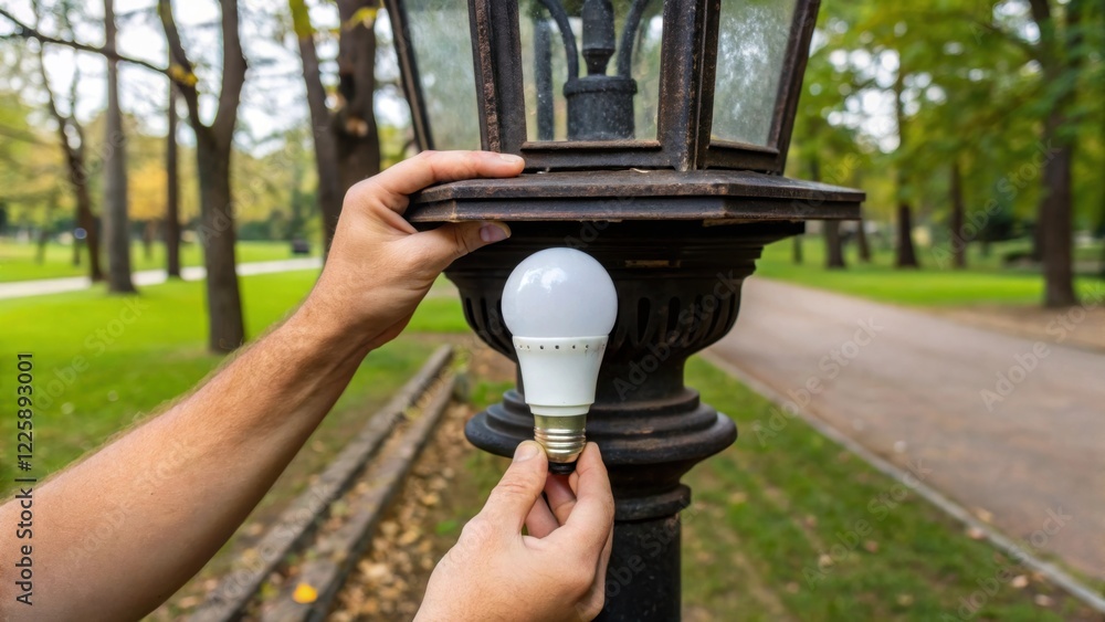 Closeup of a contractors hands holding a compact LED bulb fingers poised to install it into a vintagestyle lamp post in a park highlighting the contrast between modern technology Closeup of a contractors hands holding a compact LED bulb fingers poised to install it into a vintagestyle lamp post in a park highlighting the contrast between modern technology