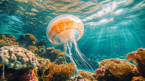 A large, giant jellyfish drifts above a coral reef, viewed from the top, its transparent bell and long tentacles moving gracefully through the clear ocean water, surrounded by marine life. photo