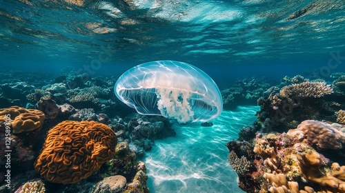 A large, giant jellyfish drifts above a coral reef, viewed from the top, its transparent bell and long tentacles moving gracefully through the clear ocean water, surrounded by marine life. photo