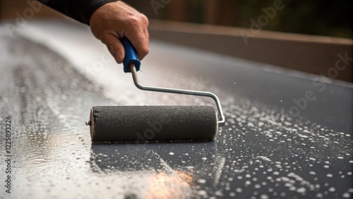 Closeup of a hand gripping a roller as it applies a coat of antislip texture to the ramp capturing the action and showing droplets of the thick material splattering around. photo