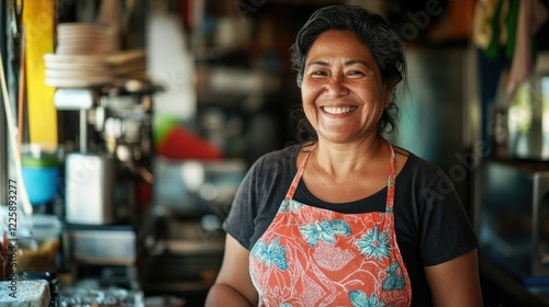 Smiling Woman in Kitchen with Open Stove photo