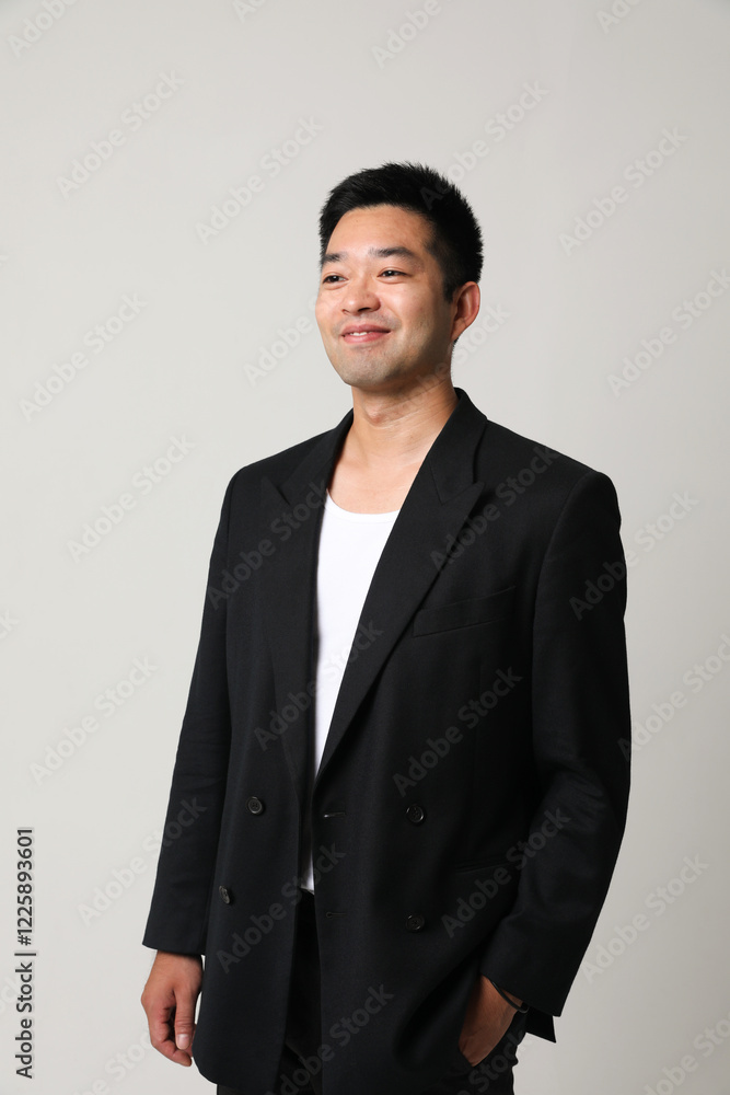 Portrait of young and handsome Asian man with a thoughtful and optimistic face expression. Vertical. Portrait of young and handsome Asian man with a thoughtful and optimistic face expression. Vertical.
