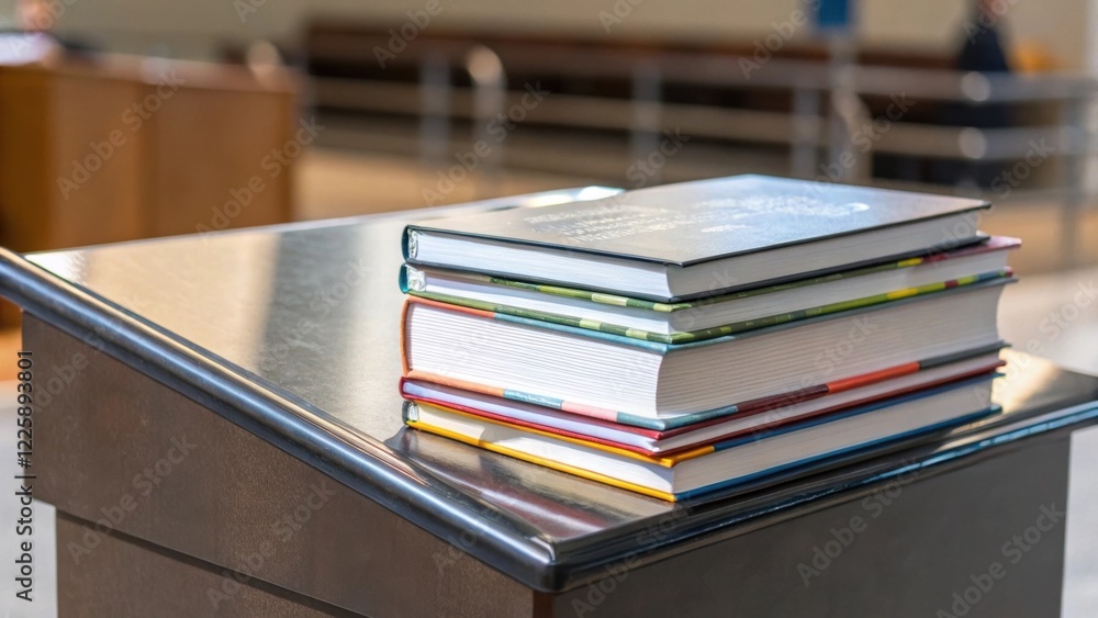Fototapeta premium Closeup of a stack of modern textbooks and educational materials p on a newly constructed podium with a polished surface.