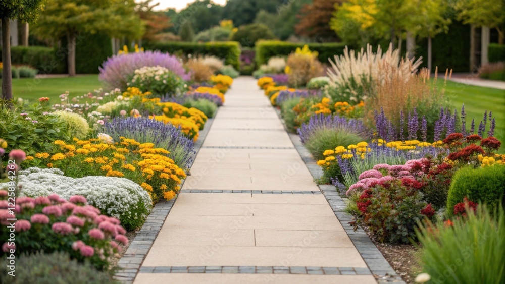 Closeup of diverse flowering plants spilling over the edges of the pathway creating a harmonious blend of nature and accessibility in the renovated garden area. Closeup of diverse flowering plants spilling over the edges of the pathway creating a harmonious blend of nature and accessibility in the renovated garden area.