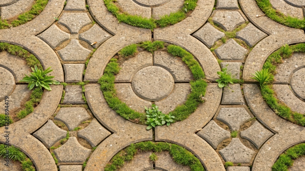 Closeup of textured paving stones forming intricate patterns underfoot interspersed with patches of grass and small planters emphasizing the pedestrianfriendly design. Closeup of textured paving stones forming intricate patterns underfoot interspersed with patches of grass and small planters emphasizing the pedestrianfriendly design.