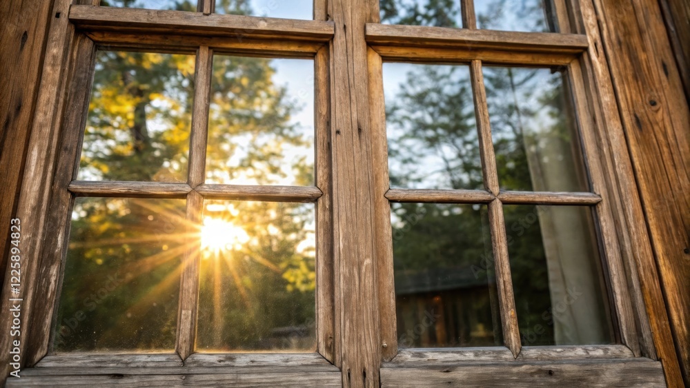 Fototapeta premium Detailed shot of original glasspaneled windows with reflections of sunlight streaming through emphasizing the contrast between the newly cleaned glass and aged wood frame.