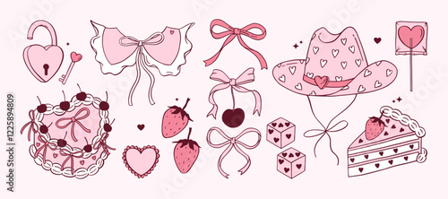 Coquette aesthetic stickers, icons, pictures, background, wallpaper in hand drawn vintage style. Pink rococo doodle vector set. Heart cake, bows, cowgirl hat, Victorian collar, lock, key, dice, cherry