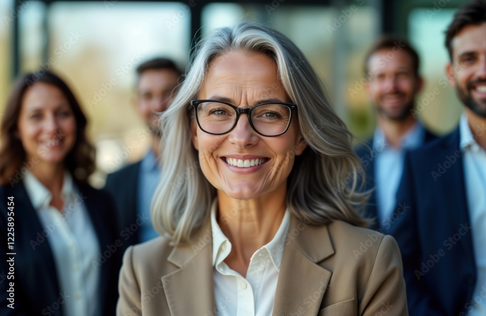Group of smiling business professionals stand together. Mature woman in business attire leads group. Businesspeople looking at camera. Teamwork, leadership visible. Successful business team portrait Group of smiling business professionals stand together. Mature woman in business attire leads group. Businesspeople looking at camera. Teamwork, leadership visible. Successful business team portrait