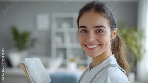 A smiling cleaning professional holding a broom and a dustpan, with a beautifully clean living room in the background, advertising professional cleaning services photo